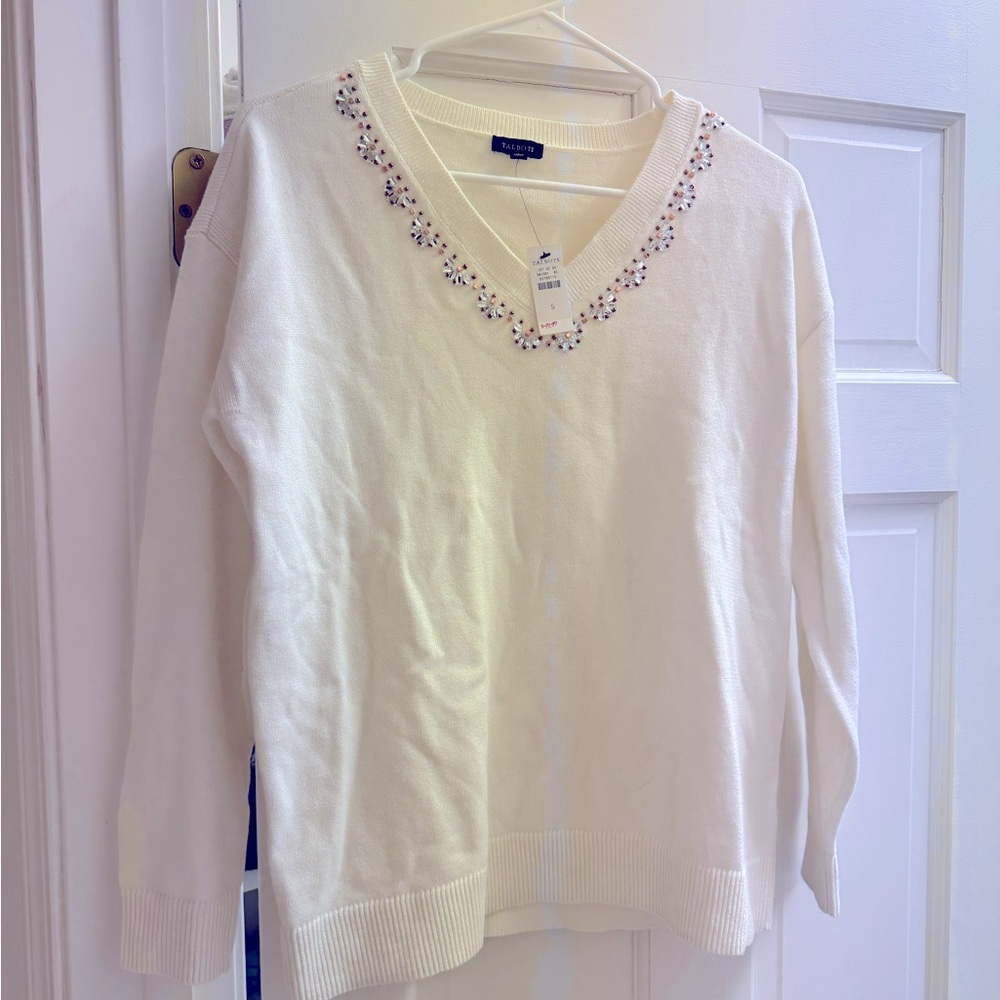 NEW, WITH TAGS! Talbots White Sequin V Neck Sweater Size Small